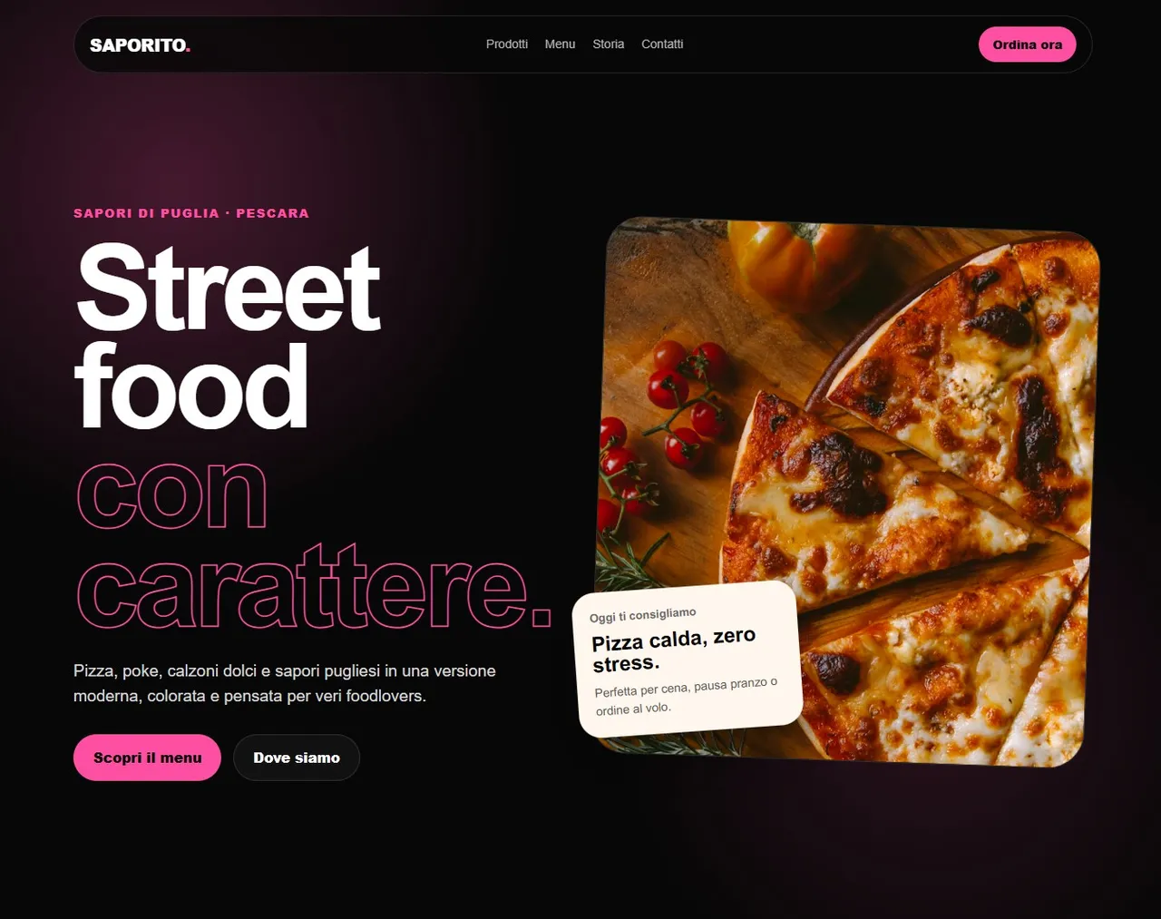 Home page della demo Saporito: titolo Street food con carattere su fondo nero, accanto la foto di una pizza