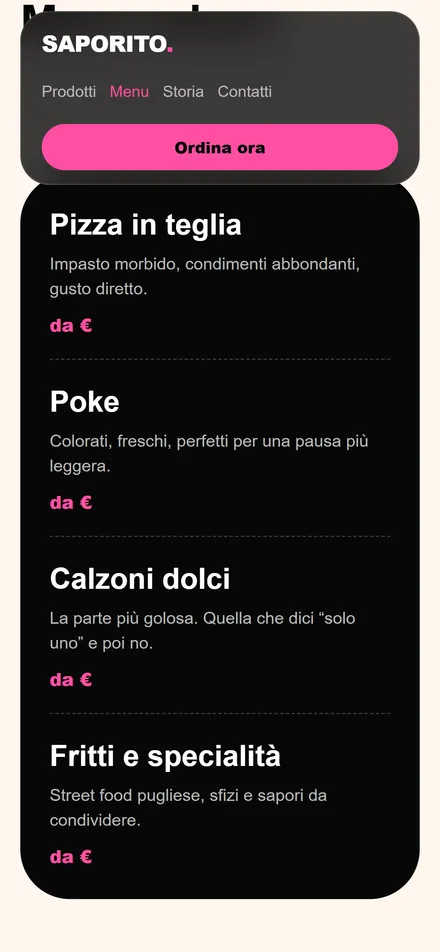 Menu di Saporito su smartphone con le categorie in grande