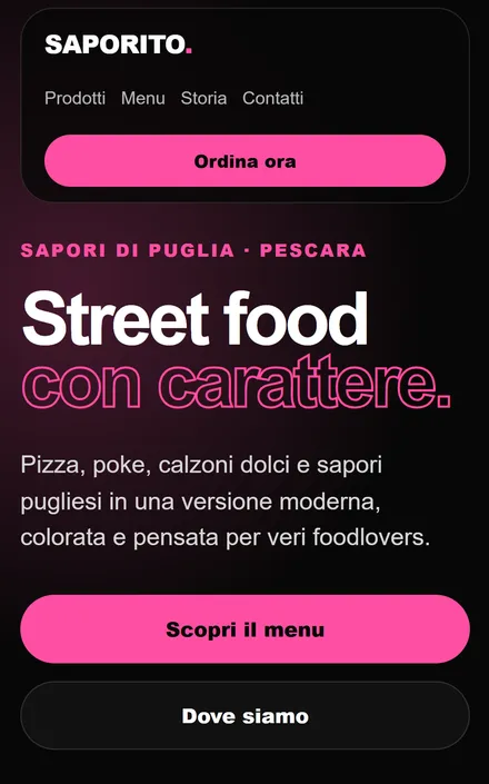 La stessa home su smartphone, con i pulsanti Scopri il menu e Dove siamo